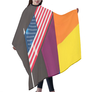 Personality  High Angle View Of American And Lgbt Flags Isolated On Black, Banner Hair Cutting Cape