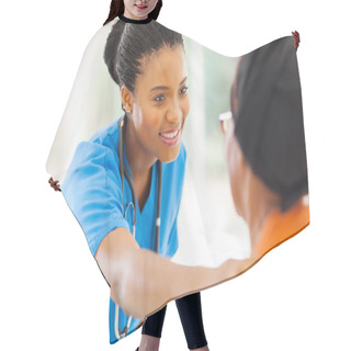 Personality  African Medical Nurse Comforting Senior Patient Hair Cutting Cape
