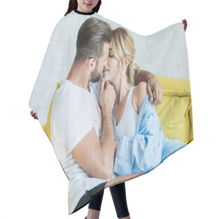 Personality  Beautiful Happy Young Couple In Love Hugging And Kissing On Couch Hair Cutting Cape