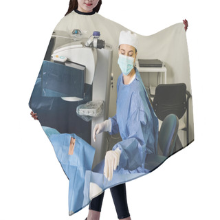Personality  A Woman Wearing A Surgical Mask In A Hospital Room During A Medical Procedure. Hair Cutting Cape