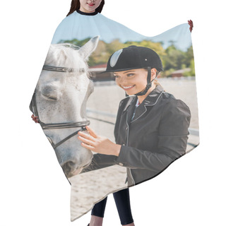 Personality  Attractive Smiling Female Equestrian Standing Near Horse At Horse Club Hair Cutting Cape