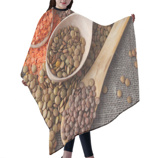 Personality  Green And Red Lentils In Wooden Spoons On Sackcloth Hair Cutting Cape