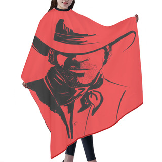 Personality  Vector Portrait Of Cowboy On Red.Strong Man In Cowboy Hat Hair Cutting Cape