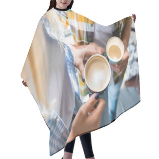 Personality  Cropped View Of Man And Woman Holding Cups With Cappuccino Hair Cutting Cape