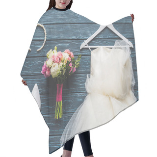 Personality  Top View Of Wedding Bouquet And Dress On Wooden Dark Blue Tabletop Hair Cutting Cape