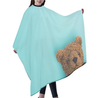 Personality  Top View Of Brown Teddy Bear On Blue Background Hair Cutting Cape