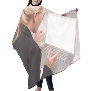 Personality  Woman Using Laptop With Blank Screen Hair Cutting Cape