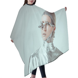 Personality  Futuristic Silver Robot Looking Away Isolated On Grey, Future Technology Concept  Hair Cutting Cape