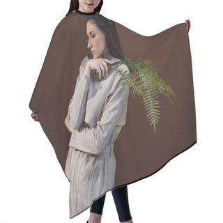 Personality  Trendy Model Closing Eyes, Holding Fern Leaves In Hands, Standing On Brown Background Hair Cutting Cape
