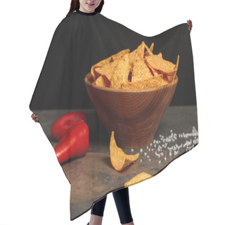 Personality  Salty Mexican Nachos With Red Chili Peppers On Stone Table Isolated On Black Hair Cutting Cape