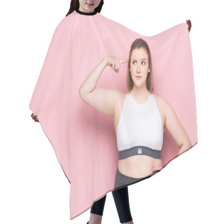 Personality  Thoughtful Overweight Girl Pointing With Finger At Her Head On Pink Hair Cutting Cape