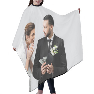 Personality  Cheerful Bride Looking At Arabian Groom With Wallet And Money Isolated On Grey  Hair Cutting Cape