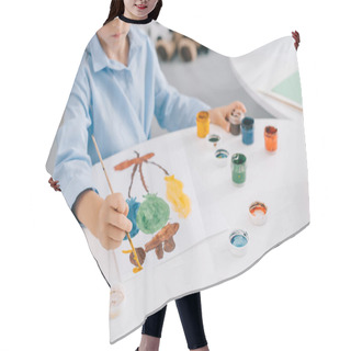 Personality  Partial View Of Child Drawing Picture With Paints And Paint Brush At Table Hair Cutting Cape