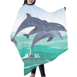 Personality  Three Happy Jumping Dolphins Jumping In Green Ocean Hair Cutting Cape