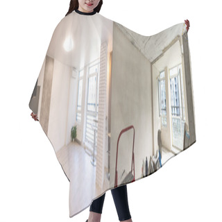 Personality  Empty Rooms With Large Window, Heating Radiators Before And After Restoration. Comparison Of Old Apartment And New Renovated Place. Concept Of Home Refurbishment. Hair Cutting Cape