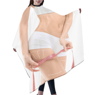 Personality  Young Woman With Marks For Liposuction Operation And Measuring Tape On White Background. Cosmetic Surgery Hair Cutting Cape