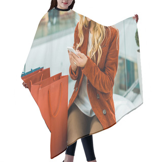 Personality  Cropped View Of Woman Using Smartphone And Sitting With Shopping Bags Hair Cutting Cape