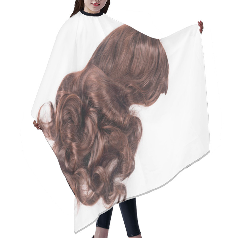 Personality  Female Chocolate Brown Wig Isolated On White Background. Golden Brown Human Hair Weaves, Extensions And Wigs. Woman Beauty Concept Hair Cutting Cape