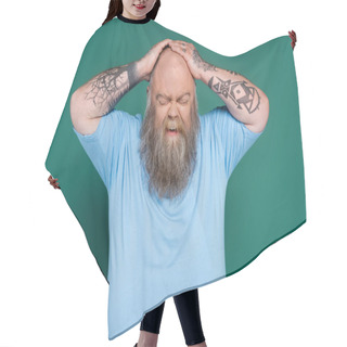 Personality  Upset Bearded Man With Overweight Touching Bald Head Isolated On Green Hair Cutting Cape