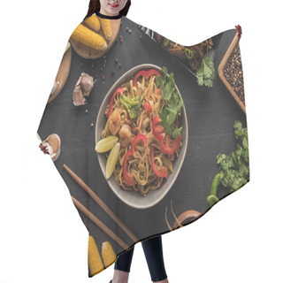 Personality  Top View Of Tasty Spicy Seafood Thai Noodles Near Chopsticks And Fresh Ingredients On Wooden Grey Surface Hair Cutting Cape