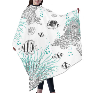 Personality  Seamless Pattern With Black And White Tropical Fishes And Underwater Creatures. Hair Cutting Cape