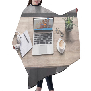 Personality  Top View Of Laptop Standing At Modern Workplace With Couchsurfing Website On Screen Hair Cutting Cape