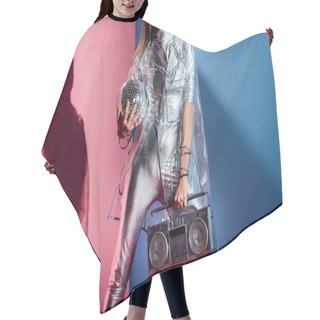 Personality  Cropped View Of Fashionable Woman In Silver Bodysuit And Raincoat Posing With Boombox And Disco Ball On Pink And Blue Background Hair Cutting Cape