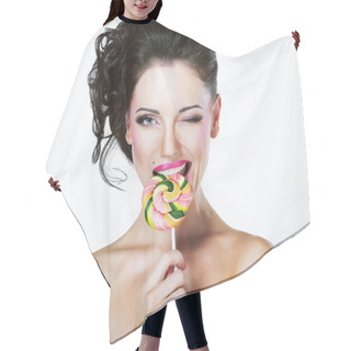 Personality  Coquette. Funny Quaint Brunette With Colorful Lollipop Hair Cutting Cape
