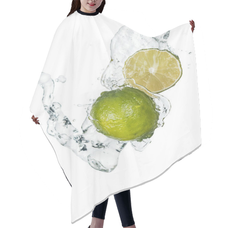 Personality  green fresh whole lime and half with clear water stream and drops isolated on white hair cutting cape