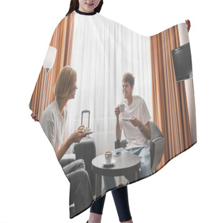 Personality  Happy Young Couple Looking At Each Other While Having Breakfast In Modern Hotel Suite Hair Cutting Cape