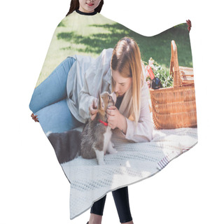 Personality  Blonde Girl Sitting On Blanket In Garden And Playing With Puppies At Sunny Day Hair Cutting Cape