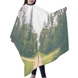 Personality  A Woman Stands At The Crossroads Of Two Forest Roads. Hair Cutting Cape