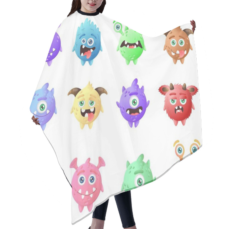 Personality  Collection Of Colorful Round Funny Monsters. Brown, Green, Pink, Purple, Blue, Red, Yellow, Cartoon Aliens Hair Cutting Cape