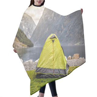 Personality  Camping Tent At Scenic Wild Fjord, A Lake Shore With Mountain Range In Background - Camping In Norway Hair Cutting Cape
