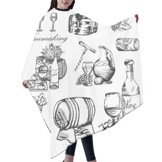 Personality  Vector Wallpaper Background With Hand Drawn Wine Bottle, Cask, Wineglass Grapes And Cheese. Color Illustration Hair Cutting Cape