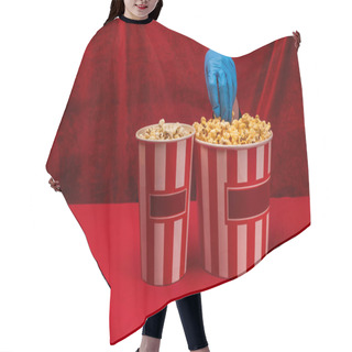 Personality  Cropped View Of Woman In Latex Glove Taking Popcorn From Bucket On Red Surface With Velour At Background Hair Cutting Cape