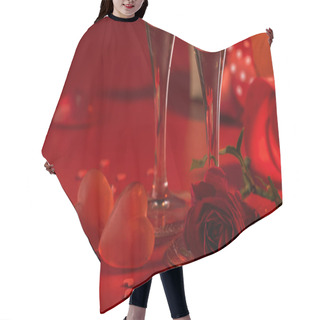 Personality  Valentines Day Red Background With Champagne Glasses, Hearts And Scarlet Roses, Copy Space Hair Cutting Cape