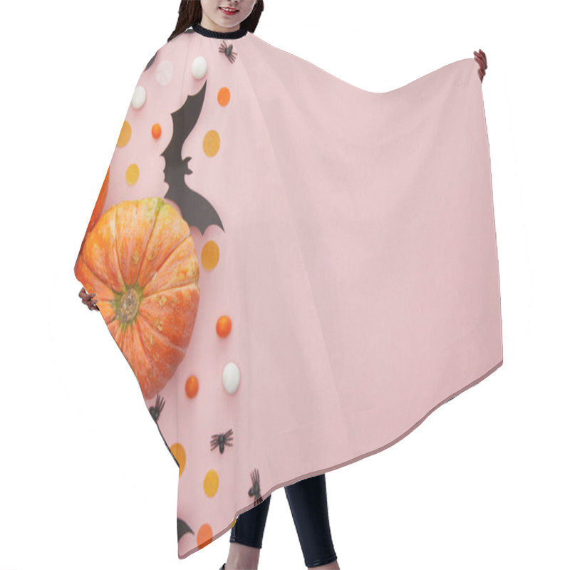 Personality  top view of pumpkin, bats and spiders with confetti on pink background, Halloween decoration hair cutting cape