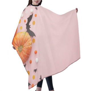 Personality  Top View Of Pumpkin, Bats And Spiders With Confetti On Pink Background, Halloween Decoration Hair Cutting Cape