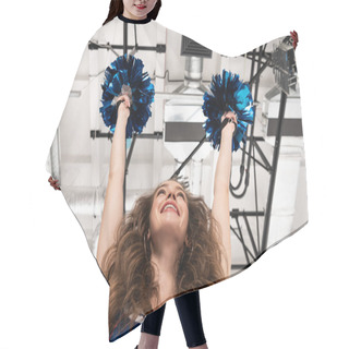 Personality  Bottom View Of Happy Cheerleader Girl In Blue Uniform Dancing With Pompoms Hair Cutting Cape