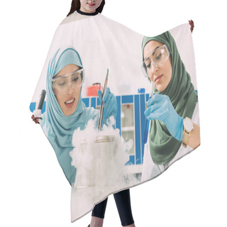 Personality  Female Muslim Scientists In Hijab Experimenting With Microscope And Dry Ice In Chemical Laboratory Hair Cutting Cape