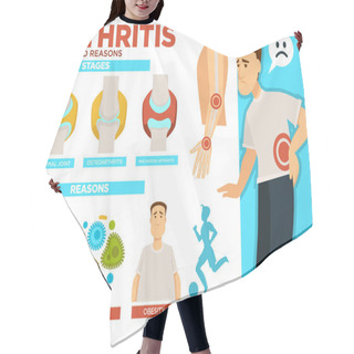 Personality  Arthritis Stages And Reasons Of Disease Poster With Text Vector. Normal Joint, Osteoarthritis And Rheumatoid Arthritis. Injury And Infection, Obesity And Professional Sport Causing Illness Of People Hair Cutting Cape