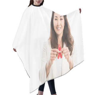 Personality  Smiling Asian Businesswoman Holding Aids Awareness Red Ribbon And Looking At Camera Isolated On White Hair Cutting Cape