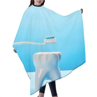 Personality  Close Up View Of Tooth Model And Toothbrush With Paste On Blue Background, Dental Care Concept Hair Cutting Cape