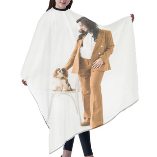 Personality  Pregnant Woman In Elegant Brown Suit Stroking Dog On White Background Hair Cutting Cape