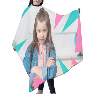 Personality  Serious Schoolgirl With Crossed Arms Looking At Camera Near Colorful Triangles Illustration  Hair Cutting Cape