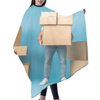 Personality  Man Holding Cardboard Boxes For Relocation On Blue  Hair Cutting Cape