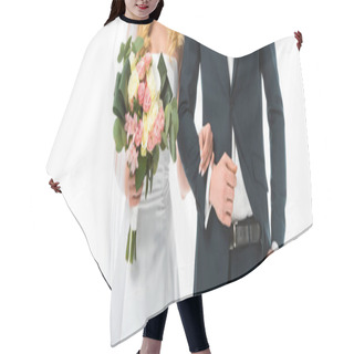Personality  Cropped View Of Bride With Wedding Bouquet, And Groom In Black Suit Isolated On White Hair Cutting Cape