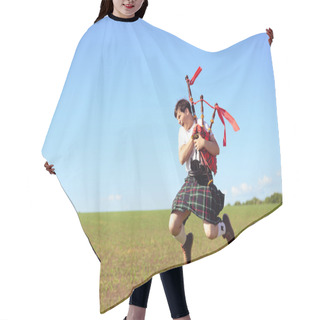 Personality  Picture Of Male Jumping High With Pipes In Scottish Traditional Kilt On Green Outdoors Copy Space Summer Field Background Hair Cutting Cape
