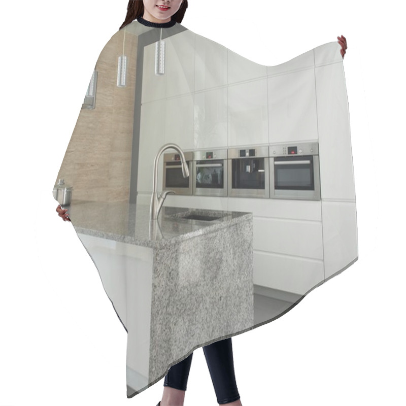 Personality  Modern kitchen with granite countertop hair cutting cape
